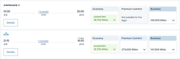 Screenshot of Flying Blue award from JFK to ATH via AMS/CDG
