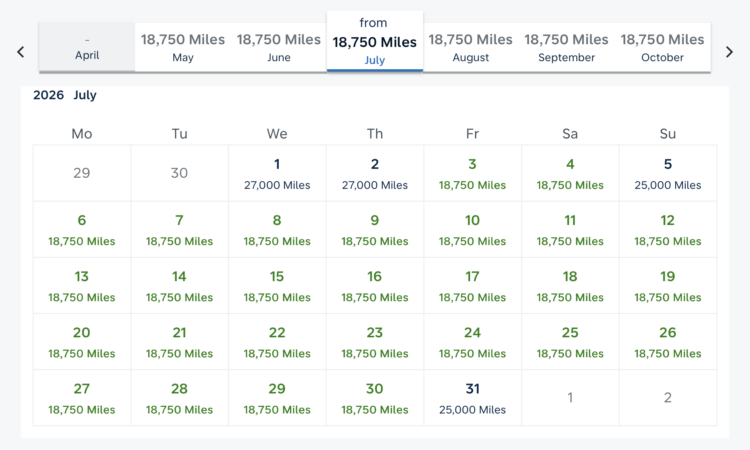 Screenshot of Flying Blue award calendar