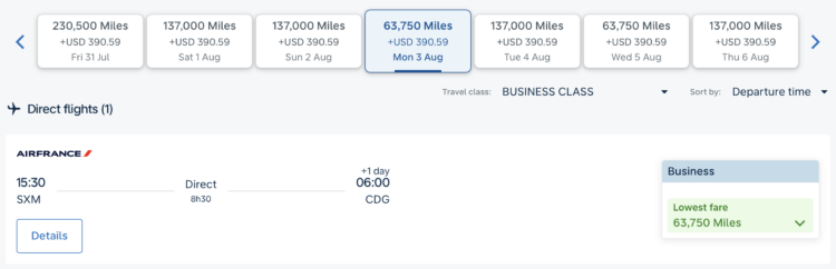 Screenshot of Flying Blue award from SXM to CDG