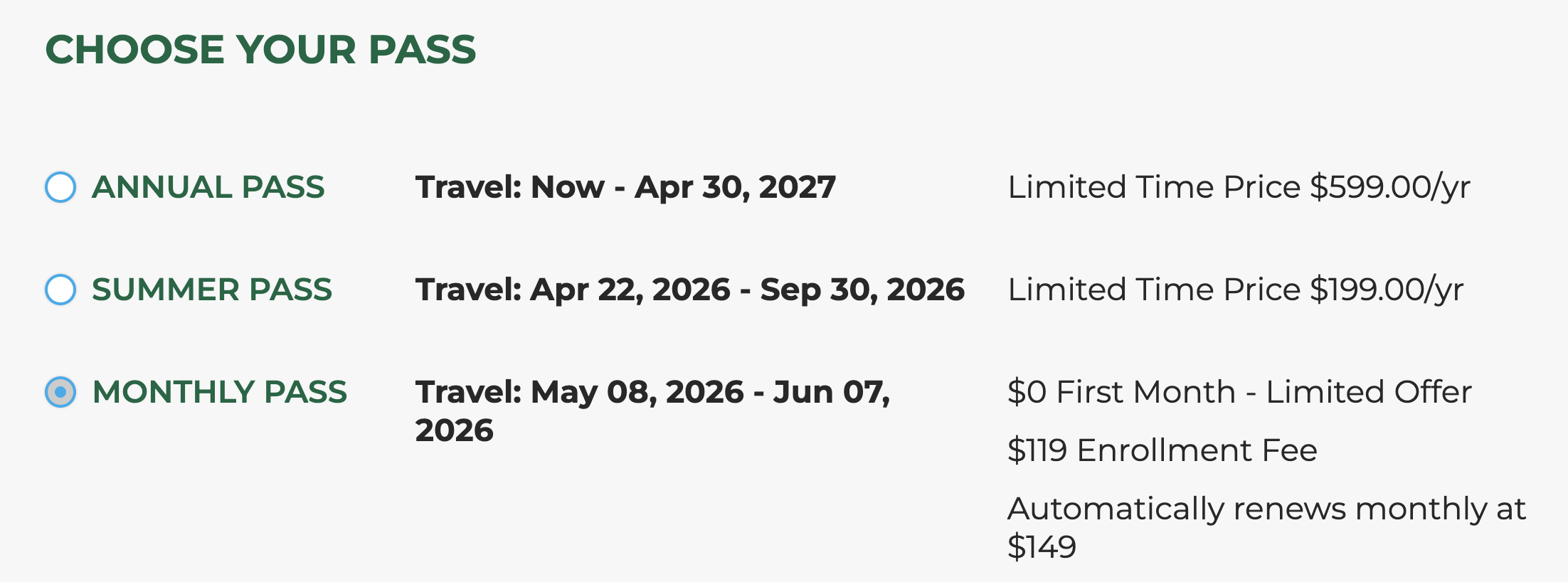 Screenshot of Frontier Airlines GoWild enrollment costs.