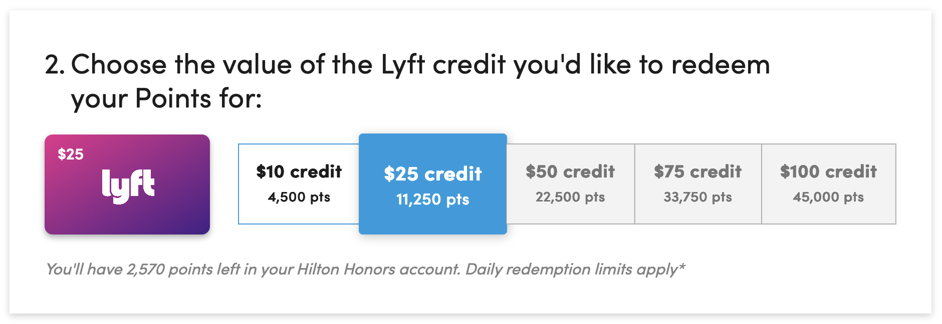 Screenshot of Lyft/Hilton redemption.