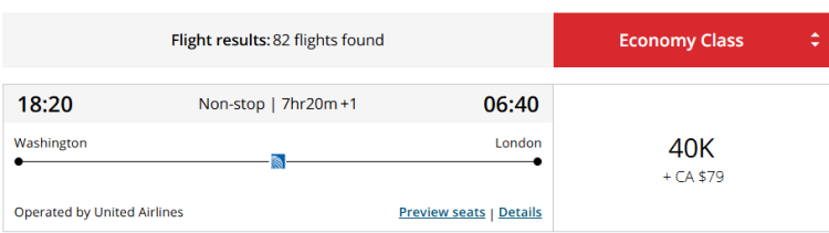 A flight search from IAD to LHR on United bookable through Aeroplan