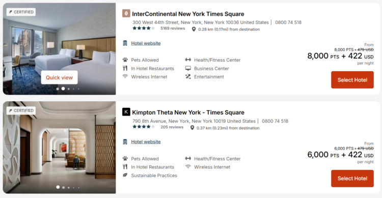 IHG award search results for New York City showing IHG Points and Cash discount