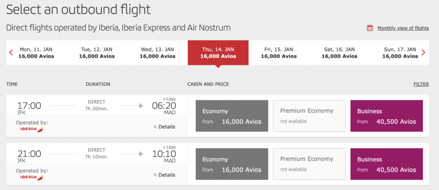 Award flight search results with Iberia Avios