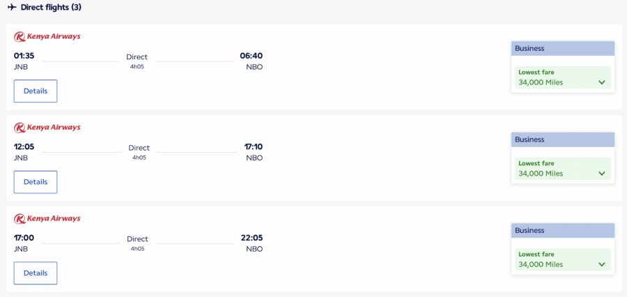 Award flight search results