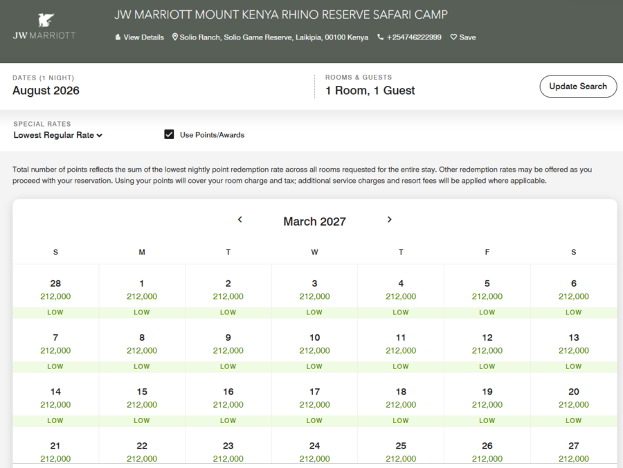Marriott award pricing at the JW Marriott Mount Kenya Rhino Reserve Safari Camp