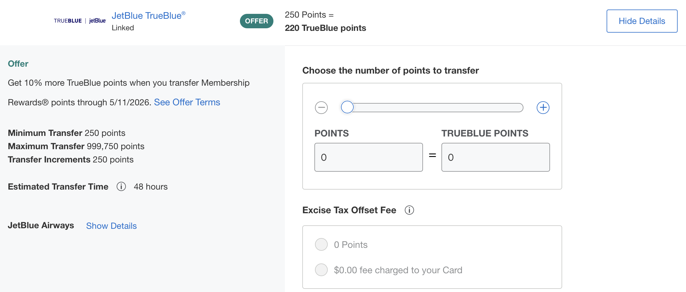 Screenshot of American Express transfer bonus to JetBlue
