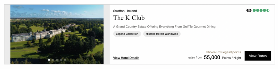 T K Club hotel award booking page