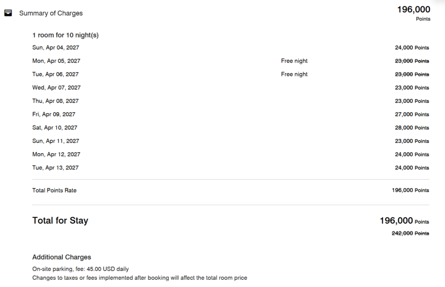Marriott 10-night booking example showing two nights free
