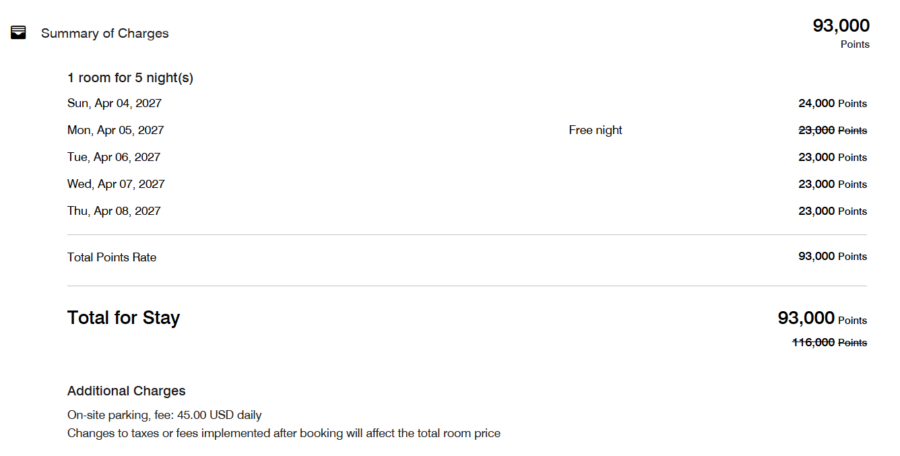 Marriott 5th night free booking example