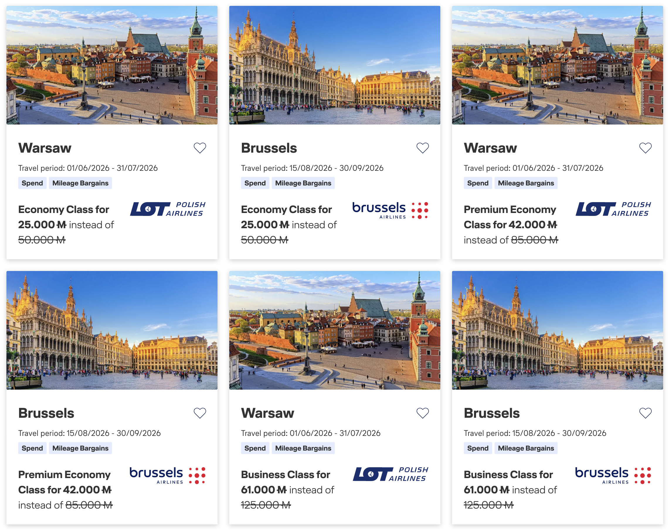 Screenshot of Miles & More mileage bargains for May 2026