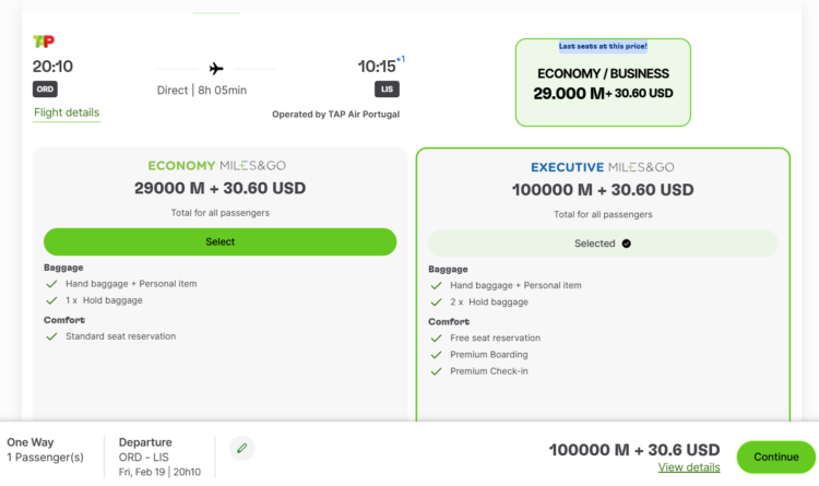 TAP Portugal award search results from Chicago to Lisbon