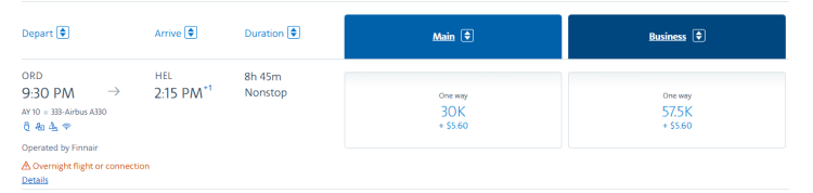 Award flight search result showing an American Airlines AAdvantage redemption from Chicago O’Hare to Helsinki.