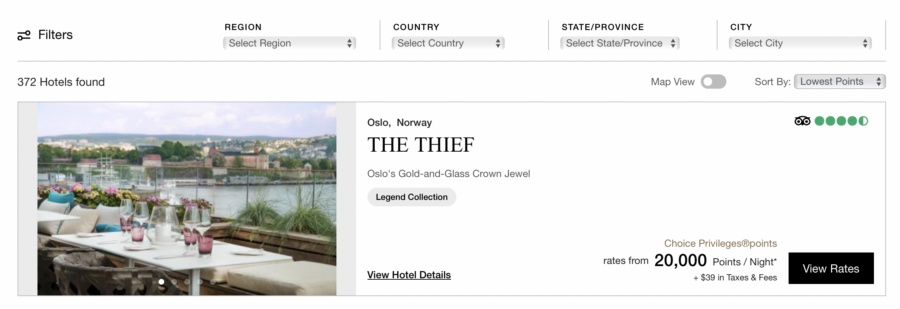 The Thief hotel award booking page