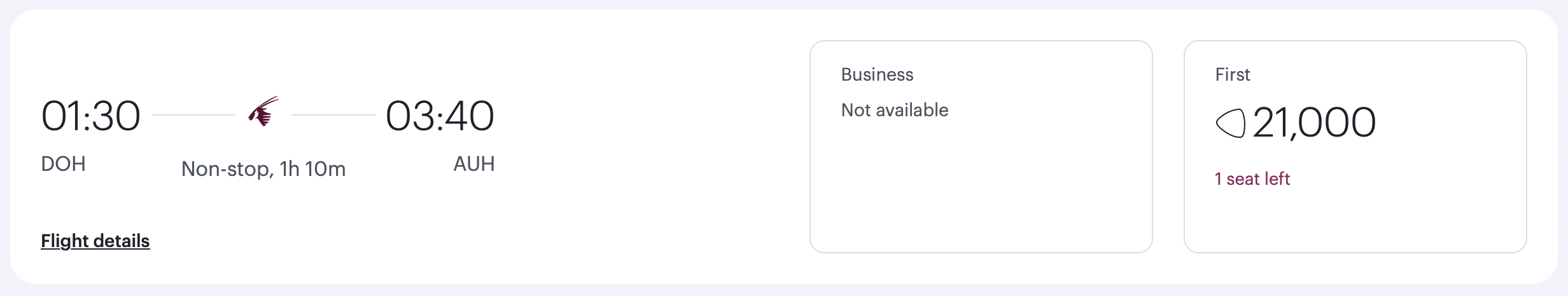 Screenshot of Qatar Airways Privilege Club award