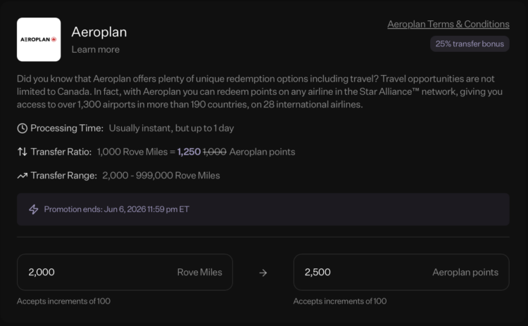 Screenshot of Rove transfer bonus to Aeroplan