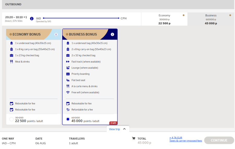 SAS award flights from Washington DC to Copenhagen