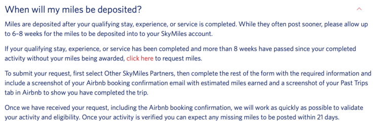 Delta X Airbnb instructions on how miles are deposited