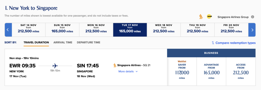 New York to Singapore award search results on Singapore Airlines