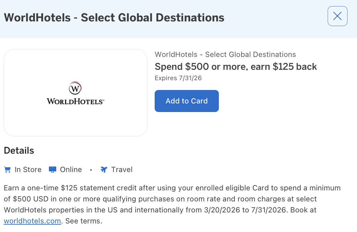 Amex Offer for WorldHotels