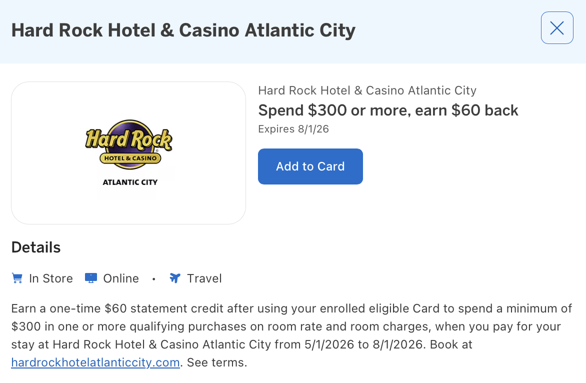 Amex Offer for Hard Rock Htoel & Casino Atlantic City
