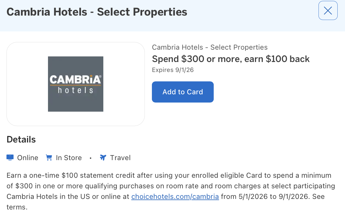 Amex Offer for Cambria Hotels