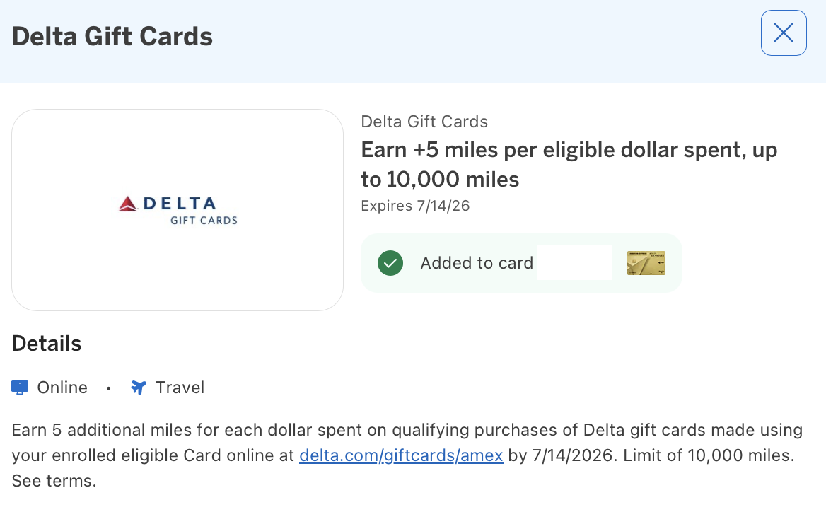 Amex Offer for Delta Gift Cards
