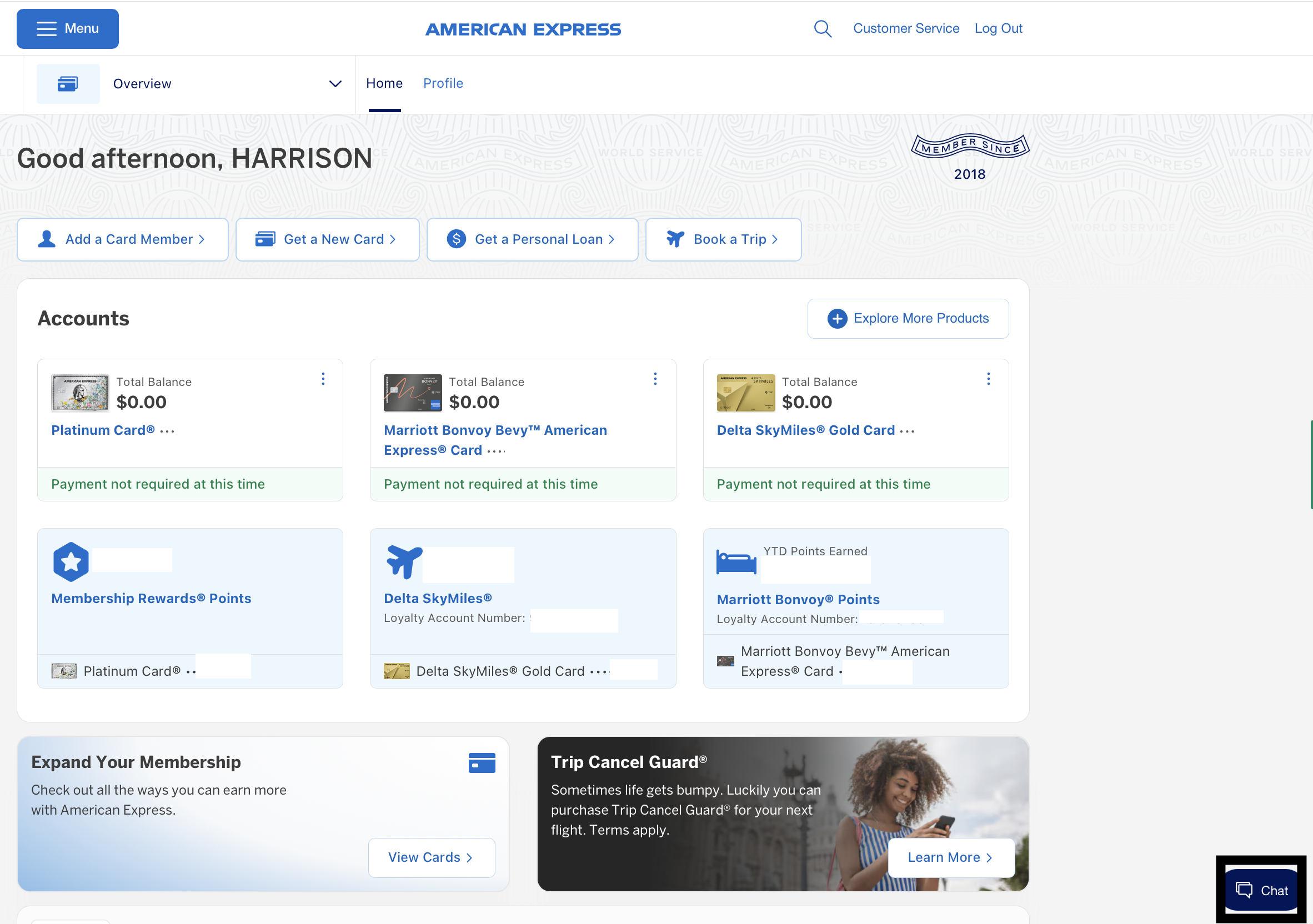 Amex homepage with accounts listed and chat feature highlighted