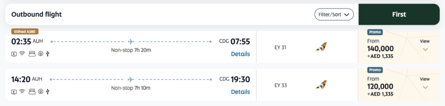 Screenshot of the Etihad Airways website showing the Etihad Apartment available from 140,000 Etihad Guest miles from Abu Dhabi (AUG) to Paris (CDG)