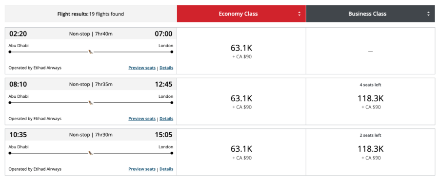 A screenshot from the Aeroplan website showing award availability for the Etihad Apartment