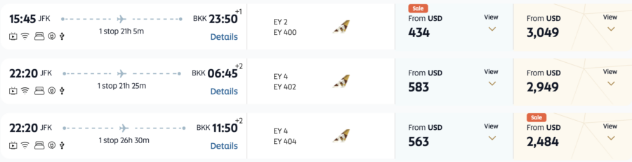Etihad search results for flights from JFK to BKK on sale