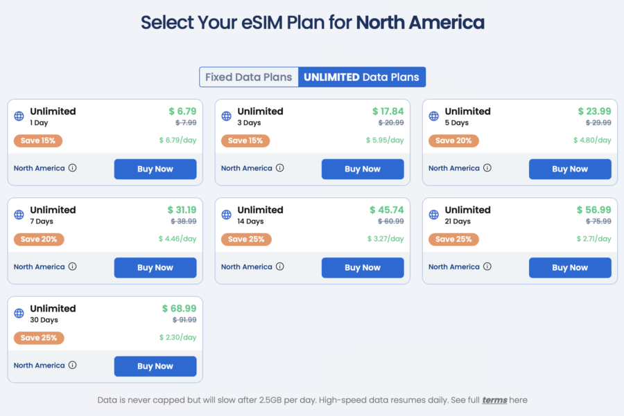 Comparison of eSIM plans for North America from GigSky