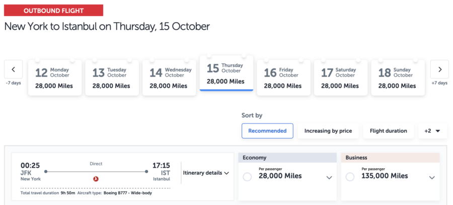 New York to Istanbul award sale flight availability