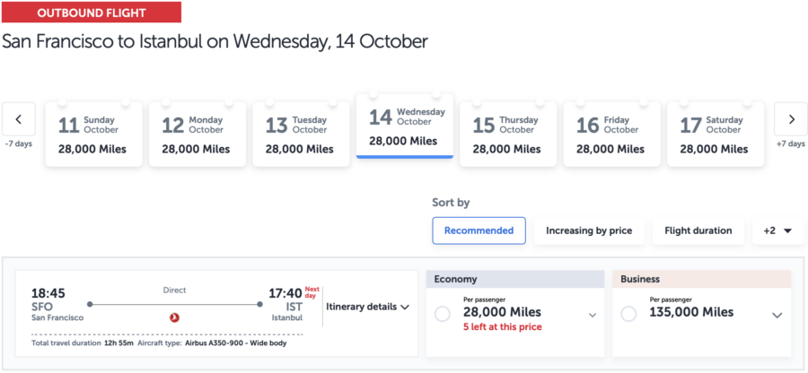 San Francisco to Istanbul award sale flight availability