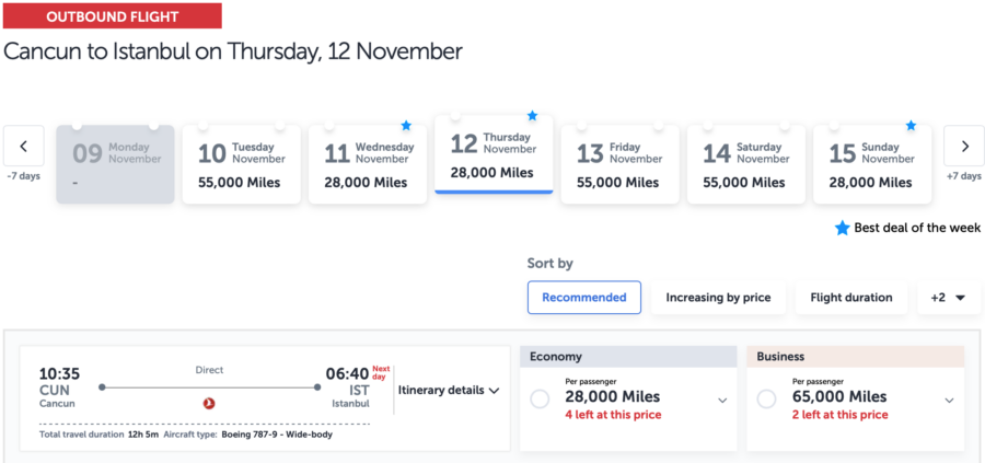 Cancun to Istanbul award sale flight availability