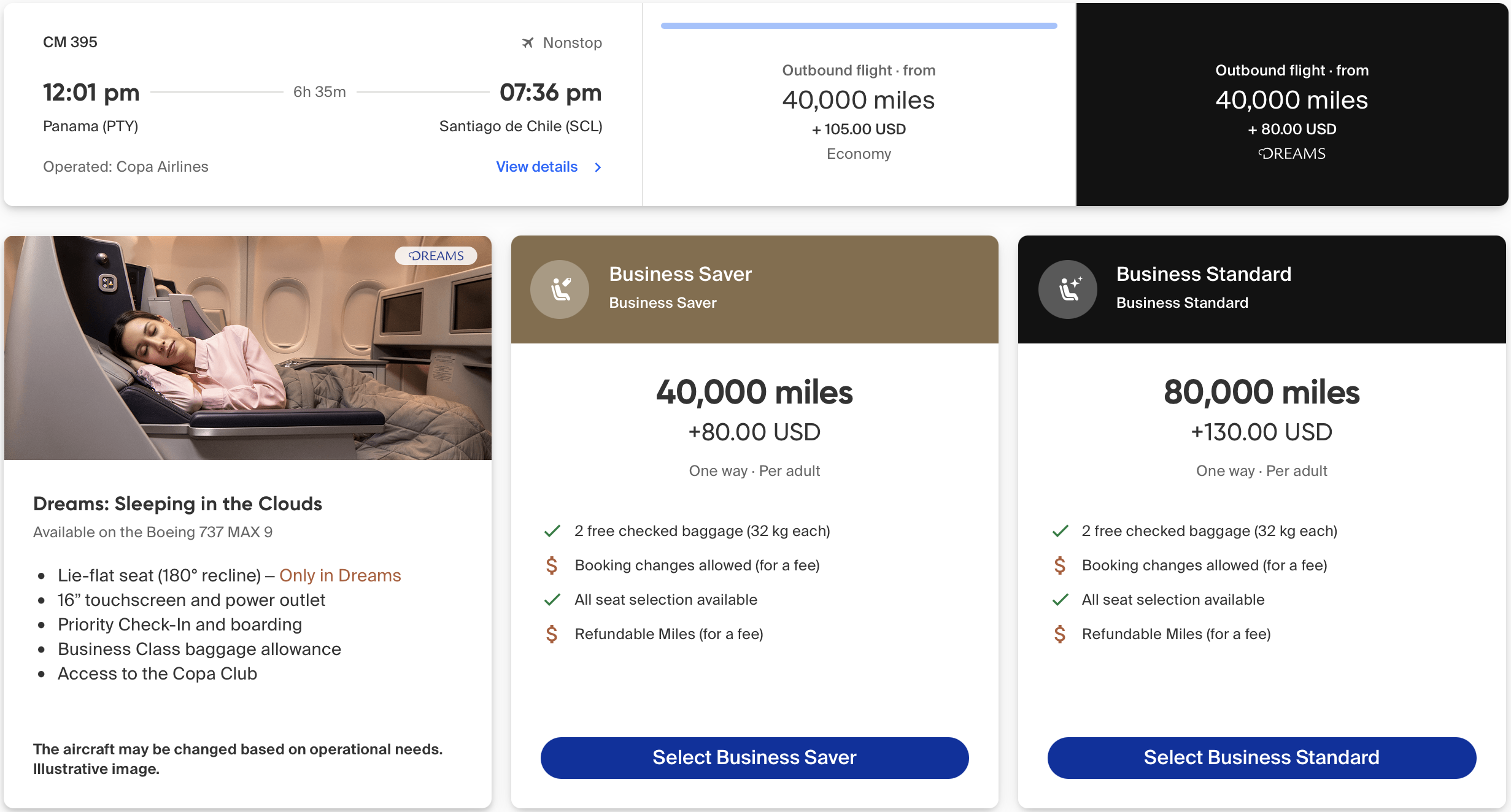 Flight options and pricing details