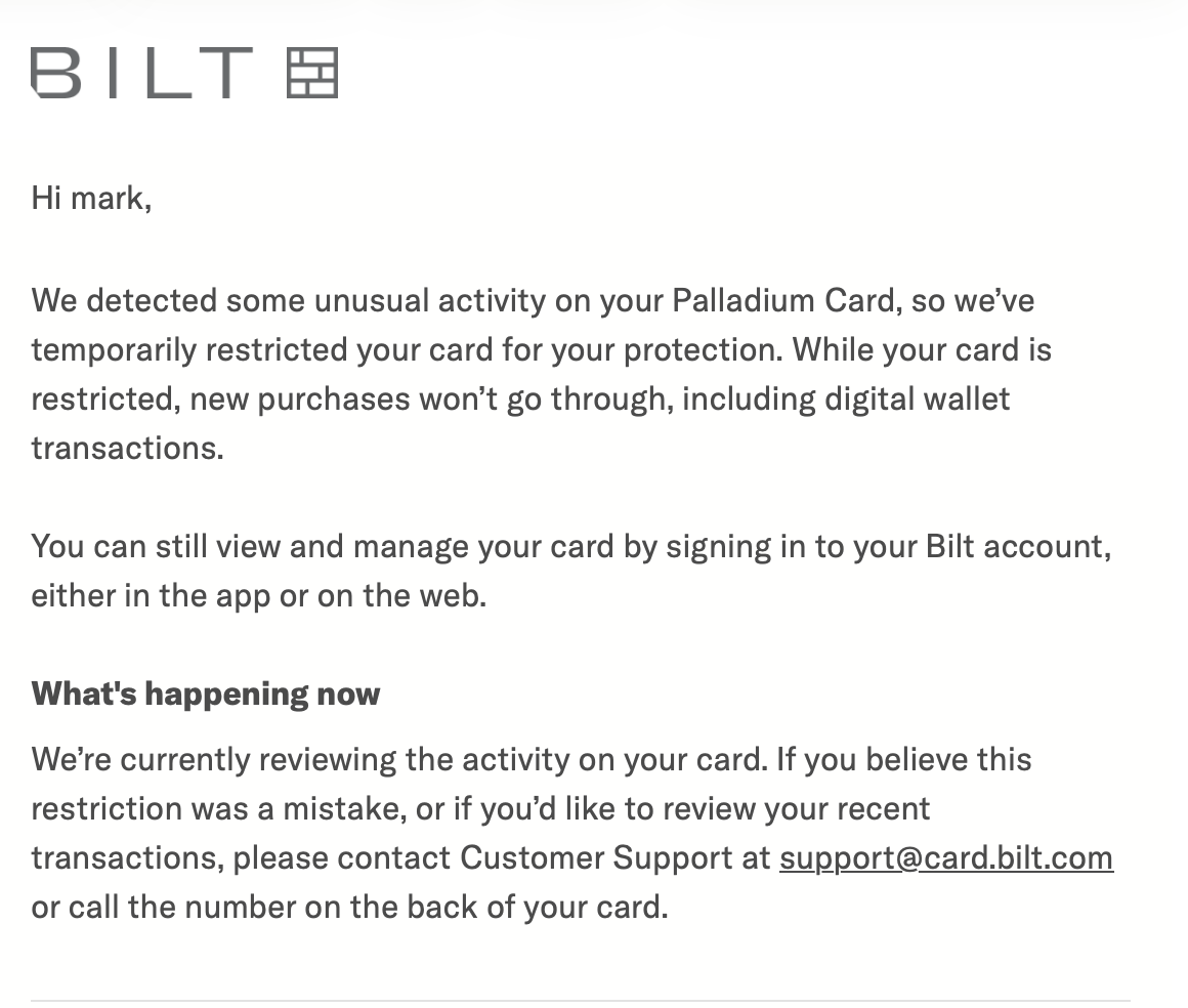 Bilt fraudulent charges email