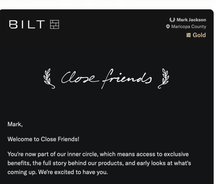 Bilt Close Friends welcome email