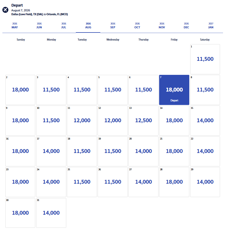 Southwest Airlines results for DAL to MCO.