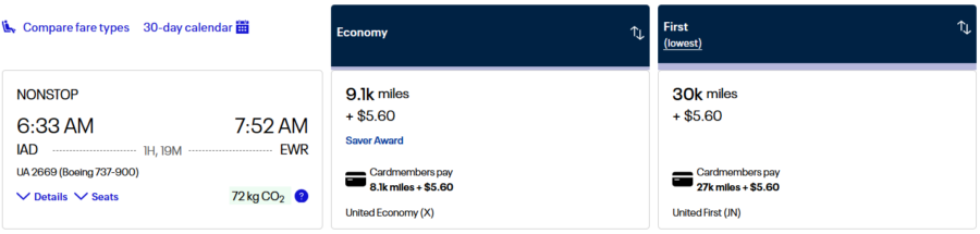 A booking screen for United shows a saver fare for a flight from IAD to EWR
