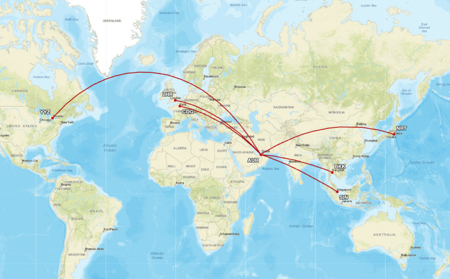 A map showing Etihad Airbus A380 routes as scheduled throughout 2026 and early 2027