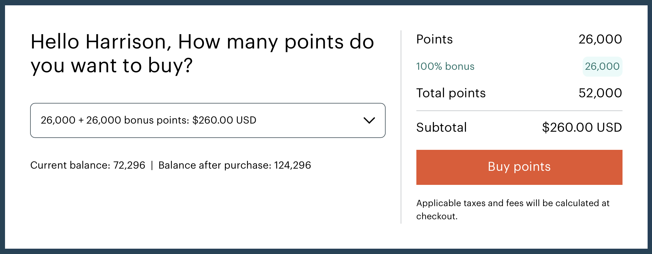 Buy 26,000 points and get a 26,000-point bonus