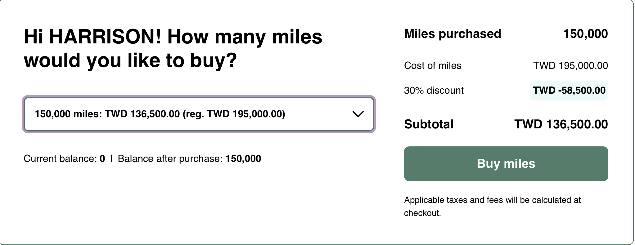 Buy EVA miles promo receipt.