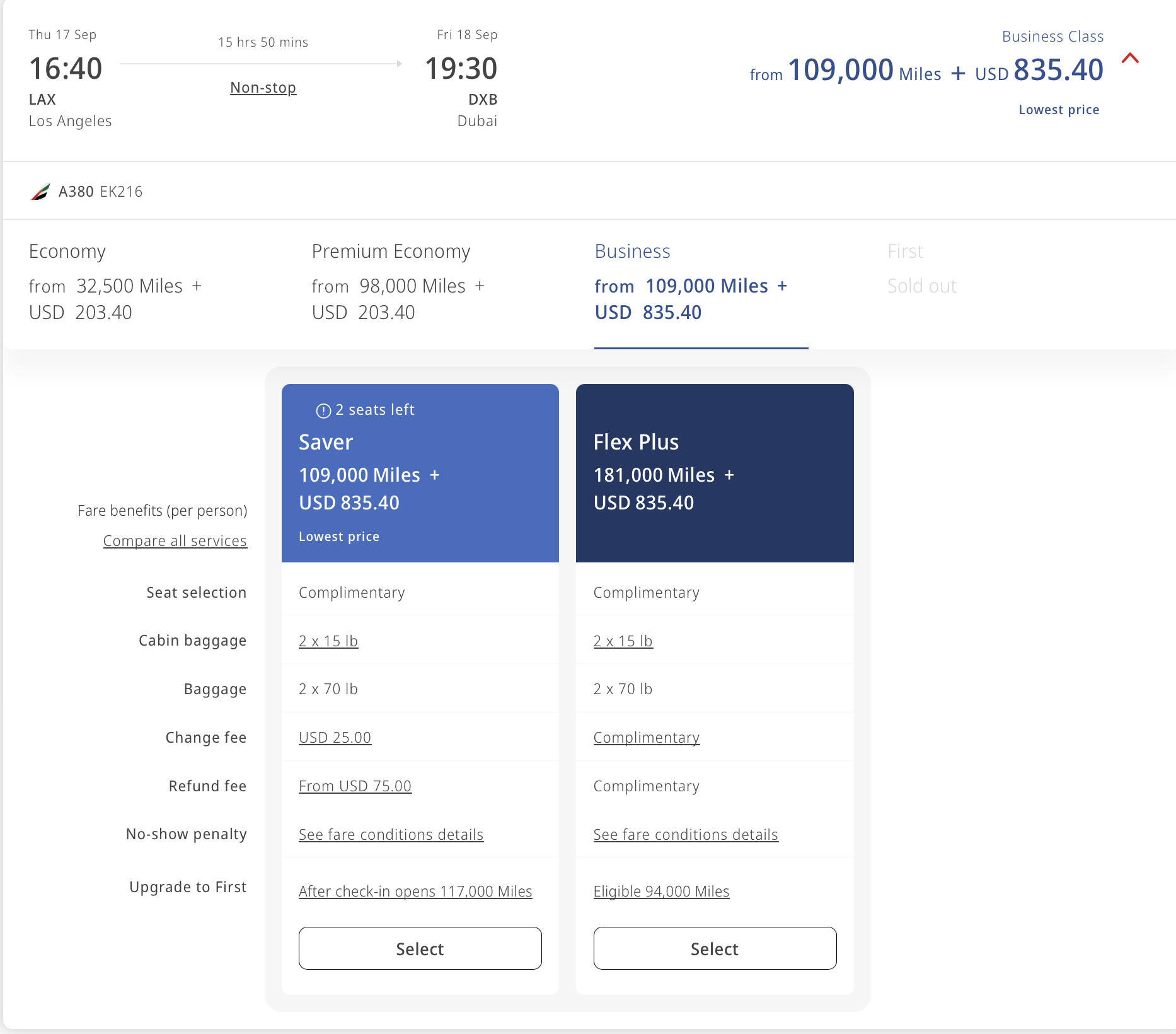 LAX to DXB award search results