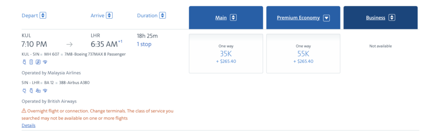 AA site showing results for an award flight from KUL to LHR via SIN