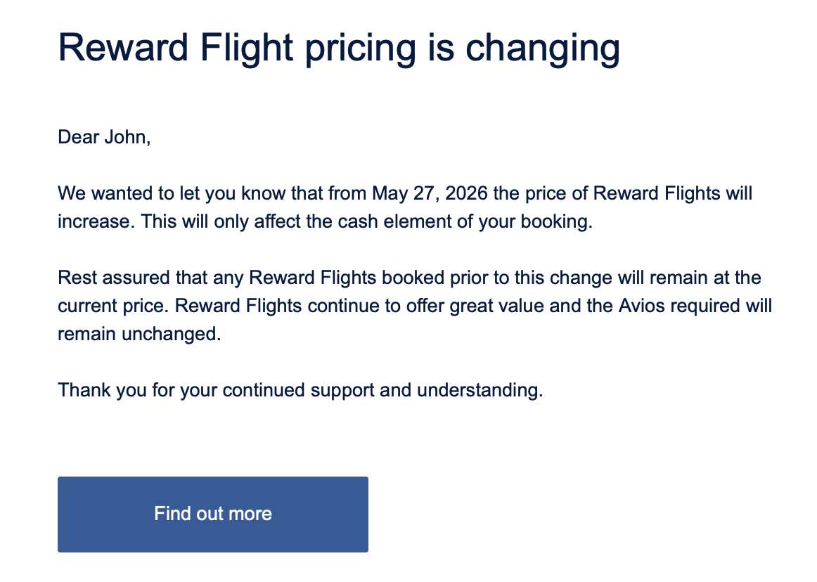 British Airways notice that reward flight pricing is changing