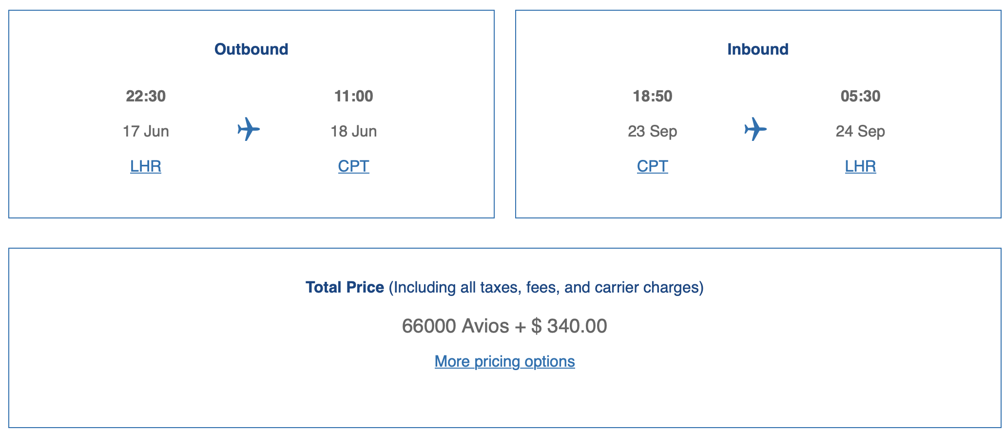 British Airways award search results LHR to CPT