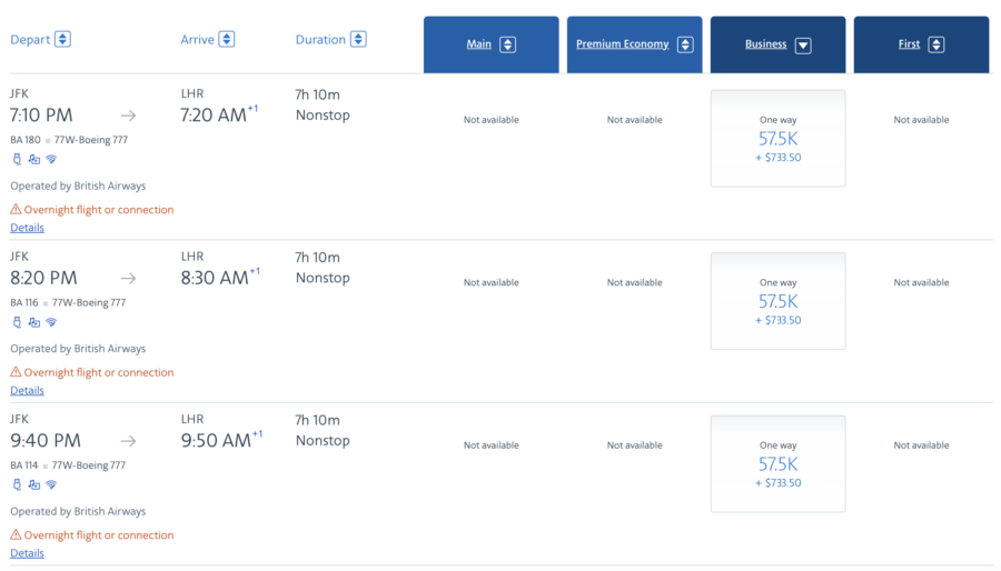 BA business class awards via AAdvantage