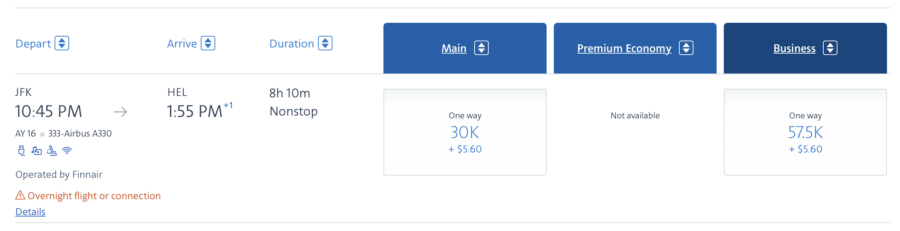 Finnair business class award JFK-HEL via AAdvantage