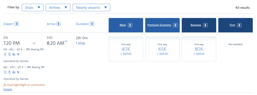 QF Y, W, and J award via AAdvantage, JFK-AKL-SYD